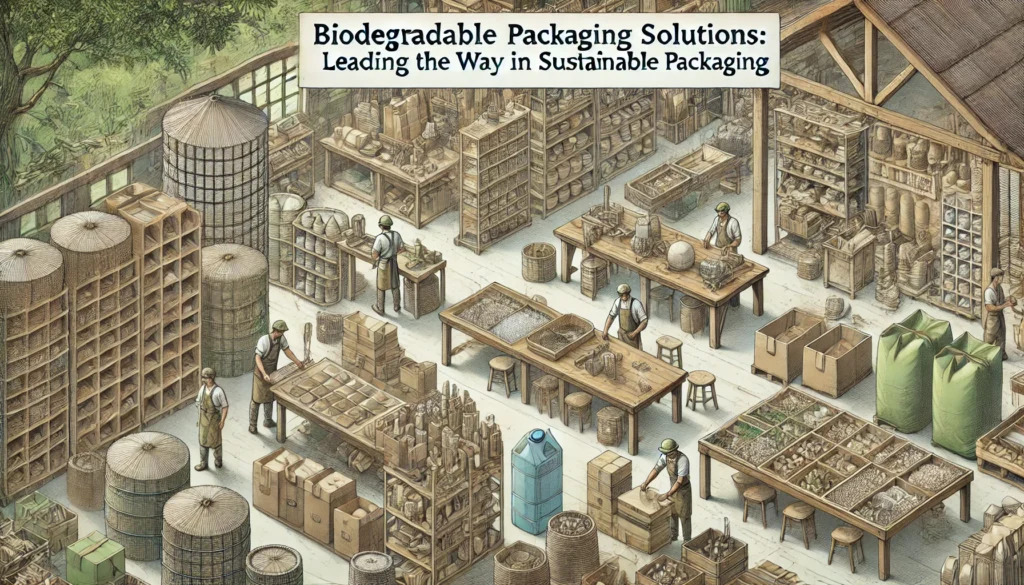 Create an image in horizontal orientation with the heading: ”Biodegradable Packaging Solutions: Leading the Way in Sustainable Packaging”